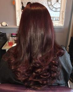 Cherry Red Hair Layers, Faded Dark Red Hair, Reddish Black Hair, Dark Red Hair Blowout, Apothic Dark Red Brown Hair, Brown Redish Hair Aesthetic, Cherry Brown Hair, Crimson Hair, Curled Hairstyles For Medium Hair