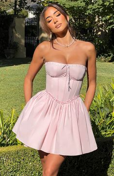 Maeve Mini Dress - Blush – BABYBOO Babydoll Corset Dress, 21 Birthday Dresses, Pastel Dress Aesthetic, Dress For Birthday Party Women, Short Blush Dress, Lace Dress Aesthetic, Cute Sets Two Pieces, Corset Pink Dress, Pink Dress Corset