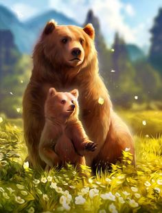 two brown bears standing next to each other on top of a lush green field with white flowers