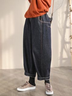 Details: Gender: Women Item Type: Jeans Material: Denim Season: Spring, Autumn Pattern: Solid Style: Casual, Loose, Retro Waist Type: Elastic Waist Size: M Waist: 62.00 - 96.00 cm/ 24.41 - 37.80 " Length: 84.00 cm/ 33.07 " Hip: 120.00 cm/ 47.24 " Size: L Waist: 66.00 - 100.00 cm/ 25.98 - 39.37 " Length: 86.00 cm/ 33.86 " Hip: 124.00 cm/ 48.82 " Size: XL Waist: 70.00 - 104.00 cm/ 27.56 - 40.94 " Length: 88.00 cm/ 34.65 " Hip: 128.00 cm/ 50.39 " Baggy Indigo Jeans With Pockets, Relaxed Fit Solid Denim Jeans, Casual Indigo Jeans For Spring, Non-stretch Washed Blue Cotton Jeans, Casual Solid Color Denim Jeans, Baggy Indigo Denim Jeans, Indigo Bottoms With Pockets For Everyday, Everyday Indigo Bottoms With Pockets, Non-stretch Blue Jeans For Everyday