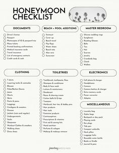 the honeymoon checklist is shown in black and white