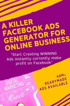 a woman holding up a pink and yellow facebook ad