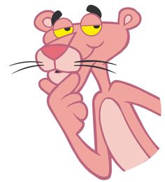 the pink panther cartoon character with yellow eyes and black ears, holding his hand up to his face