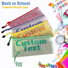 the back to school custom pencil case is shown with scissors, pens and other items