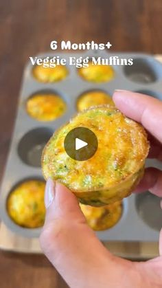 a person is holding an egg muffin in a muffin tin with the text 6 months veggie egg muffins