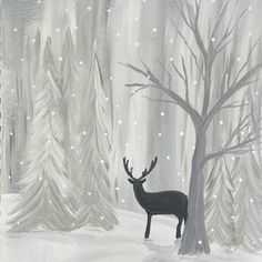 a black and white painting of a deer in the snow next to a snowy tree