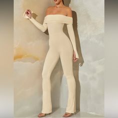 Long Sleeve Open Back Jumpsuit In Stone Size Us 10 From Oh Polly. Very Strechy. Can Fit M/L Chic Full-length Non-stretch Jumpsuits And Rompers, Chic Full Length Non-stretch Jumpsuits And Rompers, Chic Full-length Non-stretch Jumpsuit, Beige Jumpsuit For Night Out, Fitted Cream Bodysuit For Party, Cream Fitted Bodysuit For Loungewear, Chic Full Length Jumpsuits And Rompers For Loungewear, Chic Fitted Full-length Bodysuit, Chic Fitted Full Length Bodysuit