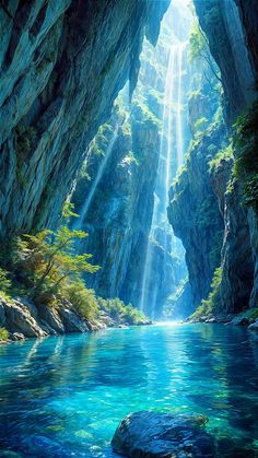 an artistic painting of sunlight coming through the mountains into a river with blue water and rocks