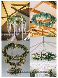 wedding decorations and chandeliers hanging from the ceiling