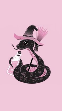 a pink background with a black snake wearing a witch hat and holding a glass bottle