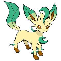 an image of a cartoon pokemon with green leaves on its head and tail, standing in front of a white background