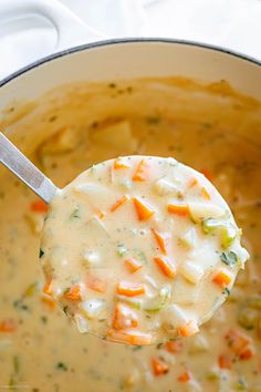 a ladle full of soup with carrots, celery and cheese in it