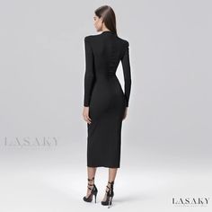 Lasaky - Seductive Long Sleeve Round Neck Fishbone Zipper Slim Fit Bandage Midi Dress Elegant Bodycon Dress With Invisible Zipper, Elegant Evening Bodycon Dress With Invisible Zipper, Fitted Long Sleeve Dress With Zipper Closure, Chic Party Midi Dress With Zipper Closure, Chic Midi Dress With Zipper Closure For Party, Elegant Long Sleeve Dress With Side Zipper, Chic Evening Bodycon Dress With Zipper Closure, Elegant Evening Bodycon Dress With Zipper Closure, Elegant Fitted Midi Dress With Zipper Closure