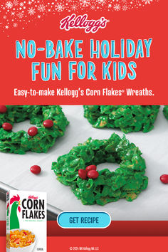 an advertisement for corn flakes with no bake holiday fun for kids on it