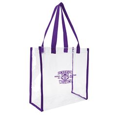 a clear bag with purple handles on the front and bottom, featuring an embroidered logo