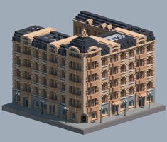 an old brick building with many windows and balconies on the top floor is shown in this low poly model