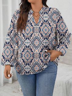 Style:Boho \nSleeve Type:Bishop Sleeve \nNeckline:Notched \nHem Shaped:Regular \nType:Top \nColor:Multicolor \nPattern Type:Plain \nPattern Type:Tribal \nPattern Type:All Over Print \nSleeve Length:Short Sleeve \nLength:Regular \nFit Type:Loose \nFabric:Non-Stretch \nMaterial:Knitted Fabric \nComposition:95% Polyester \nComposition:5% Elastane \nCare Instructions:Machine wash or professional dry clean \nSheer:No \n Floral Retro, Elegant Dresses Long, Vintage Casual, V Neck Blouse, Inspiration Mode, All Over, Women Vintage, Plus Size Blouses, Plus Size Tops