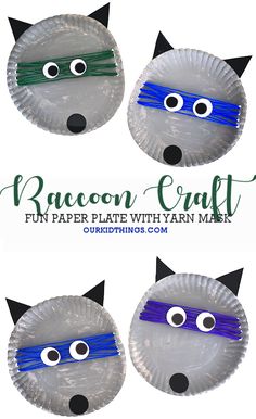 three paper plates with faces made to look like a raccoon craft for kids