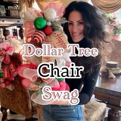 a woman standing next to a christmas tree with the words dollar tree chair swag