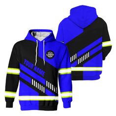 Hi Vis Hoodie Reflective Tapes Uniform Blue Neon Custom Logo And Name Safety Workwear For Workers, Runners, Cyclists, Patriotic Company Uniform, Safety Workwear, Blue Neon, Reflective Tape, Custom Logo, Blue Shirt, Custom Logos, Unisex Fashion, Work Wear