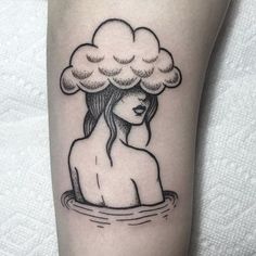 a woman with a cloud on her head is sitting in the water and she's floating