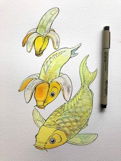 a drawing of two gold fish with bananas on it's back and one yellow fish in the background