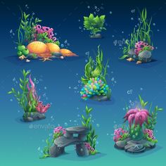 an underwater scene with corals, rocks and seaweed - miscellaneous objects / characters