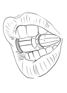 a drawing of a woman's mouth with a pencil in it