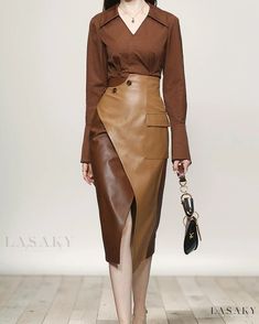 Lasaky - Contemporary Autumn Fashion Ensemble: Rich Brown Shirt and Sophisticated PU Leather Skirt Leather Skirt Long, Long Leather Skirt, Pu Skirt, Pencil Skirt Casual, Skirt Images, Unique Skirts, Pu Leather Skirt, Skirt Ideas, Brown Blouse