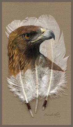 a painting of an eagle with feathers on it's head and two arrows in its beak