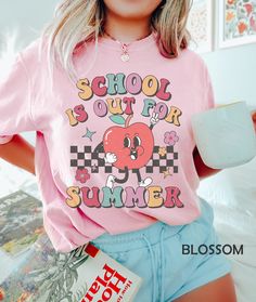 "Last Day Of School Teacher Shirt, End Of Year Teacher Gift, Elementary School Teacher Summer Break T-Shirt, Cute Apple Shirts For Teacher HOW TO ORDER ➀ Select color ➁ Select the size (Please check size chart) ✦ True to size. Size up 1-2 sizes for an oversized look. ➂ Add to cart ✦ (Optional) \"Add message to Seller\" on the checkout page. GARMENT FEATURES ✦ Crew neckline ✦ Direct to garment printing - no vinyl, decal, or iron-on technique ✦ Our designs are printed on the garment to last a long Pink Summer T-shirt For School, Cute Slogan T-shirt For Back To School, Spring School T-shirt With Slogan, Summer School T-shirt With Funny Text, Spring Slogan T-shirt For School, Slogan T-shirt For School In Spring, Funny Text T-shirt For School In Summer, Spring School T-shirt With Letter Print, Retro T-shirt For Spring School Days