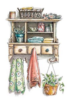 a drawing of a shelf with towels and potted plants on it, hanging from the wall