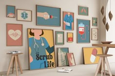 there are many pictures on the wall and one has a nurse's stethoscope