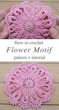 the crochet flower motif is shown in pink and has been made with yarn