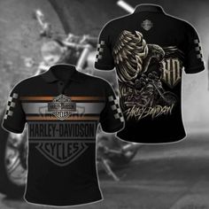 the harley davidson shirt is on display in front of a black background with an image of a motorcyclist