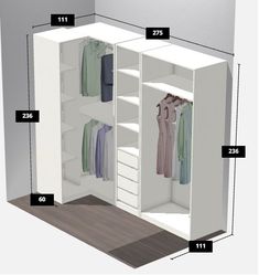 an open closet with clothes hanging on the wall and measurements for each item in it