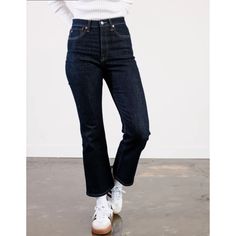 These 70’s style kick flare jeans sit at your natural waist and hug you in all the right places. the holly features a flattering high rise and a gently flared hem that hits right at your ankle. made with able's stretch denim in a versatile medium indigo wash this is a jean that will stay looking and feeling good.    - 92% cotton 6% poly 2% elastane  - stretch  - zipper front closure  - fitted through waist hips and down through the leg with a subtle kick shape that flares at the knee  - true to size. 70’s Style, Kick Flare Jeans, Kick Flares, Feeling Good, Denim Flares, Hug You, Denim Pant, Designer Outfits Woman, Flare Jeans