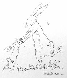 a drawing of a rabbit holding the tail of a bunny