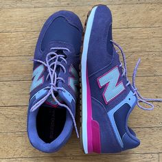 Really Cute New Balance Sneakers In Purple With Lavender And Pink Accents, Pink And Lavender Laces, Non Marking Sole, And Cute Badges On The Tongue. These Size 6.5 Sneakers Or Running Shoes Ship From My Smoke Free Home. Cute New Balance, New Balance 574 Pink, New Balance 574 Grey, New Balance Suede, Cute Badges, Black Sneakers Women, Pink Trainers, Leather Shoe Laces, New Balance White