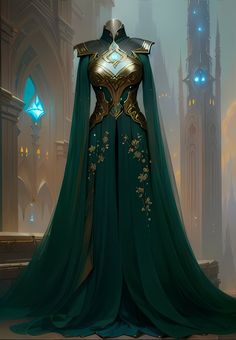 Green Queen Dresses, Formal Fantasy Dress, Armor Ballgown, Sarah Fantasy Gown, Asgardian Dress Green, Got Dresses Style, Fantasy Dress Armor, Elvin Dresses, Fanstay Clothes