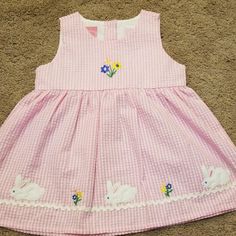 Just Adorable Pink And White Sundress With Flowers And Bunnies. Never Worn. Cotton Dress For Easter Playtime, Casual Cotton Easter Dress, Cotton Easter Dress For Playtime, Casual Cotton Dress For Easter, White Sundress, Kids' Dresses, Pink And White, Sundress, Pink White