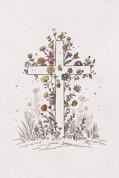 a drawing of a cross with flowers on the front and back side, in watercolor