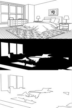 two black and white illustrations of a bedroom, one in the process of being drawn