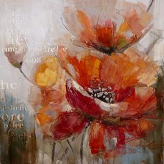 an abstract painting with words and flowers on it's side, including one large orange flower