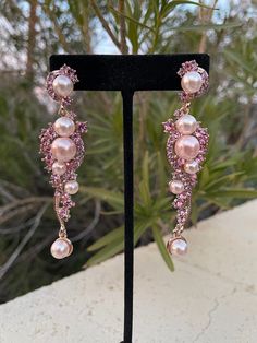 Pink earrings Glamorous Pearl Earrings For Party, Pearl Drop Crystal Earrings For Party, Glamorous Pearl Chandelier Earrings For Parties, Party Crystal Earrings With Pearl Drop, Party Pearl Earrings With Sparkling Stones, Jeweled Pearl Earrings For Party, Pearl Earrings With Sparkling Stones For Parties, Elegant Crystal Beaded Earrings For Party, Jeweled Dangle Pearl Earrings