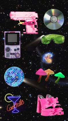 various electronic gadgets are shown in the dark night sky with stars and bright colors