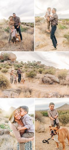 a collage of people and their dog in the desert with one woman holding her son