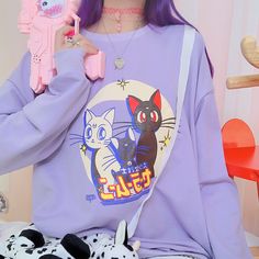 Sailor Moon Cat, Harajuku Clothes, Sailor Moon Luna, Moon Luna, Mode Chanel, Purple Sweatshirt, Kawaii Fashion Outfits, Purple Sweater, Korea Fashion