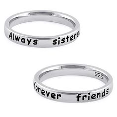 Band width: 2.7mm



Metal: 925 sterling silver

Plating: rhodium plated

Finish: high polish



Text says "Always sisters, forever friends" Sister Rings, Friend Rings, Friendship Ring, Rose Gold Plated Ring, Sisters Forever, Gold Rings Simple, Sister Jewelry, Forever Friends, Friendship Rings