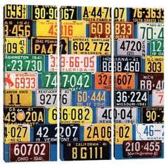 three different colored license plates with numbers and letters on the front, back and sides